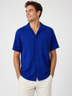 Cabali Blue Abstract Print Button Down Short Sleeve Size XL